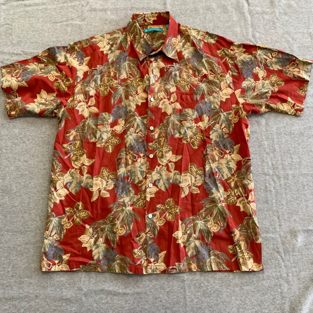 Tori Richard Button Up Shirt Mens Medium Red‎ Tropical Leaf Print Short Sleeve